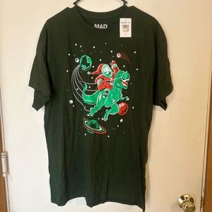 NWT Large MAD Engine Green Santa Dinosaur  Novelty Short Sleeve Tee